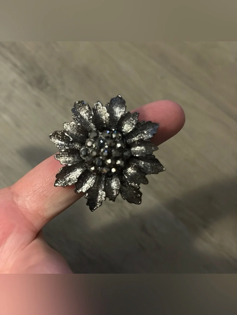 Statement Flower Ring in Gunmetal with Faceted Crystal Center